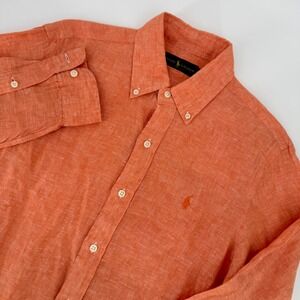 Ralph Lauren Mens Orange 100% Linen Button Down Long Sleeve Shirt Small